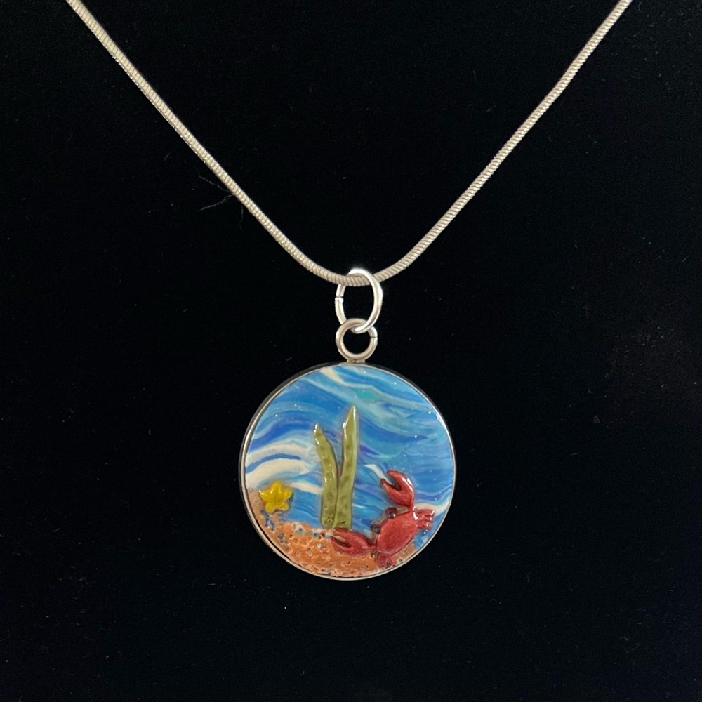 Unique design-Silver stainless steel bezel Ocean/crab Polymer clay Necklace - Picture 3 of 3